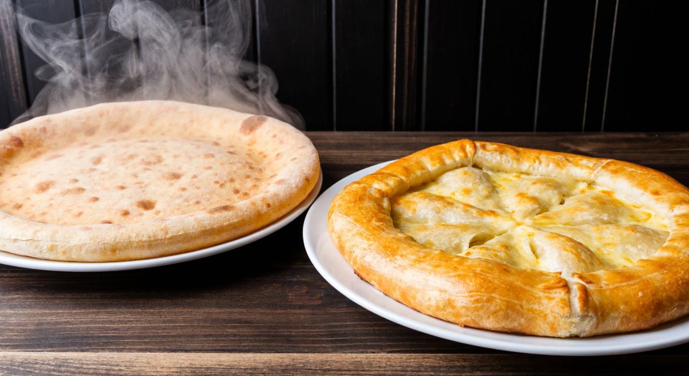 A golden-brown triangular cheese-filled pastry (Çerkez böreği) sits beside a round, rustic flatbread (Çerkez pastası) on a wooden table, with steam rising from both dishes.