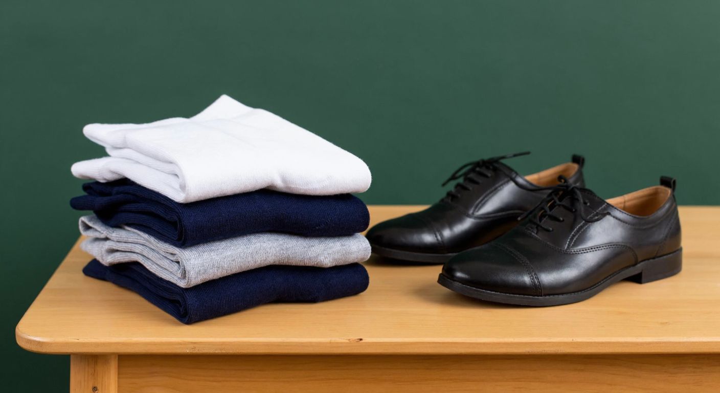 A neatly folded stack of school socks in solid colors like white, navy, and gray, with one pair stretched slightly to show elasticity, placed on a wooden school desk next to a pair of polished black shoes.