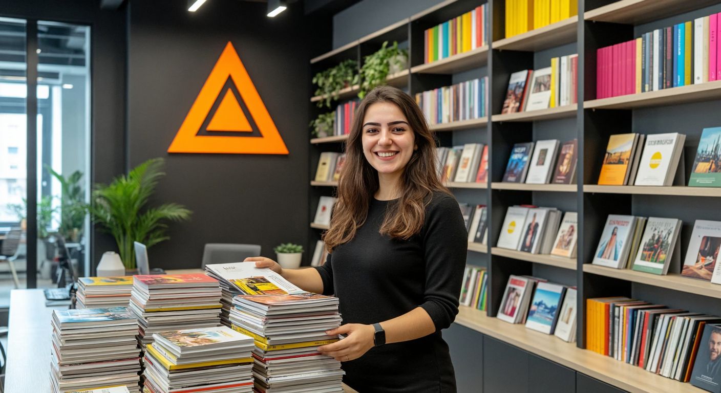 A modern publishing office in Istanbul with shelves of colorful books, a triangular logo on the wall, and a professional Turkish employee smiling while organizing a stack of fresh publications.