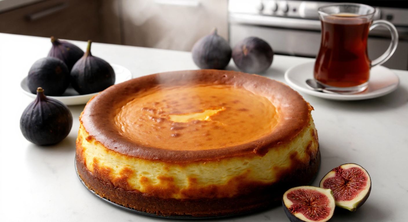 A golden-brown San Sebastian cheesecake resting on a kitchen counter in Turkey, with steam rising from its cracked surface, surrounded by fresh figs and a glass of çay.