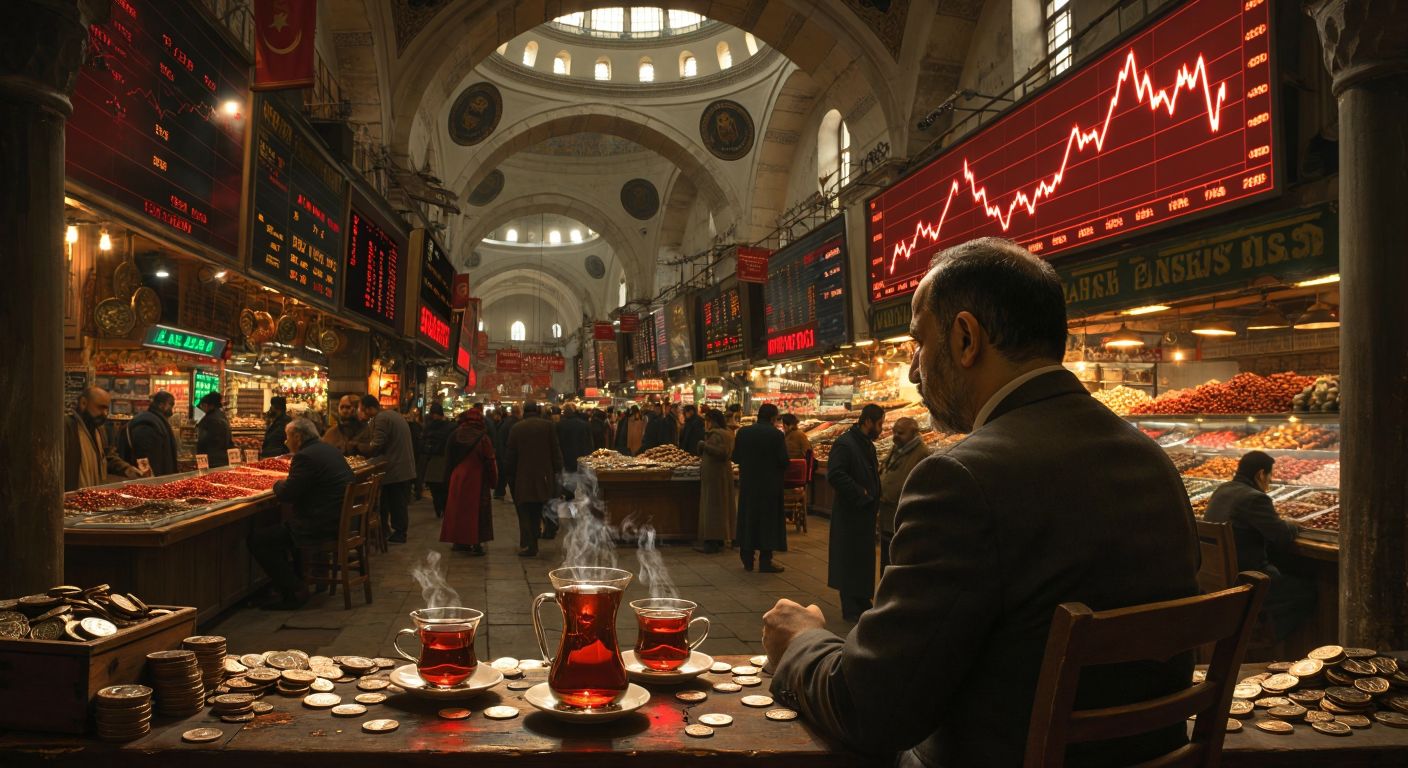 A Turkish stock trader in a bustling Istanbul bazaar gazes intently at a glowing red line chart soaring upward, surrounded by scattered coins and steaming cups of çay.