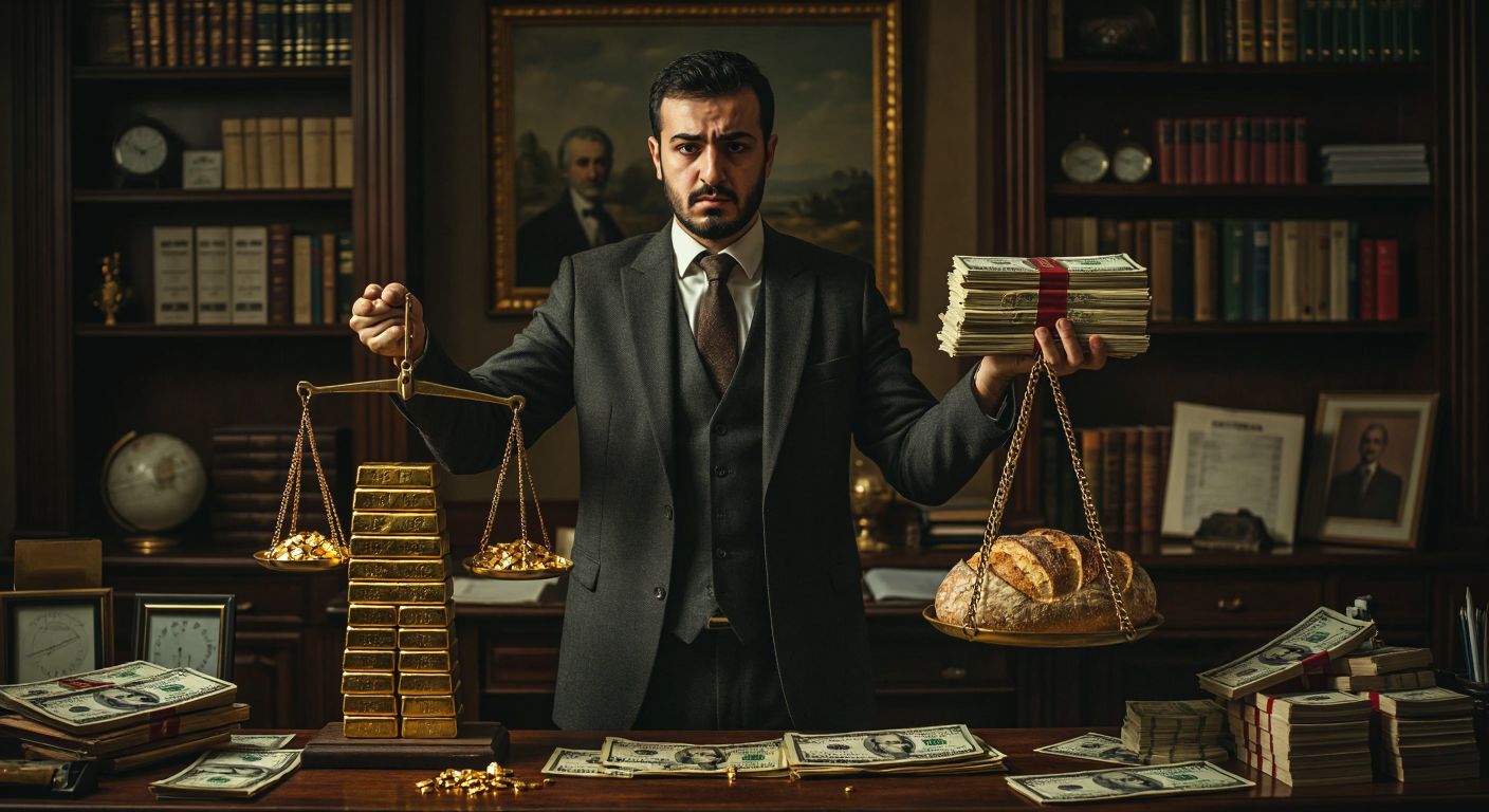 A solemn Turkish economist in a dimly lit office holds a scale balancing gold bars on one side and a towering stack of devalued paper money on the other, with a worried merchant outside clutching a loaf of bread priced at an exorbitant amount.