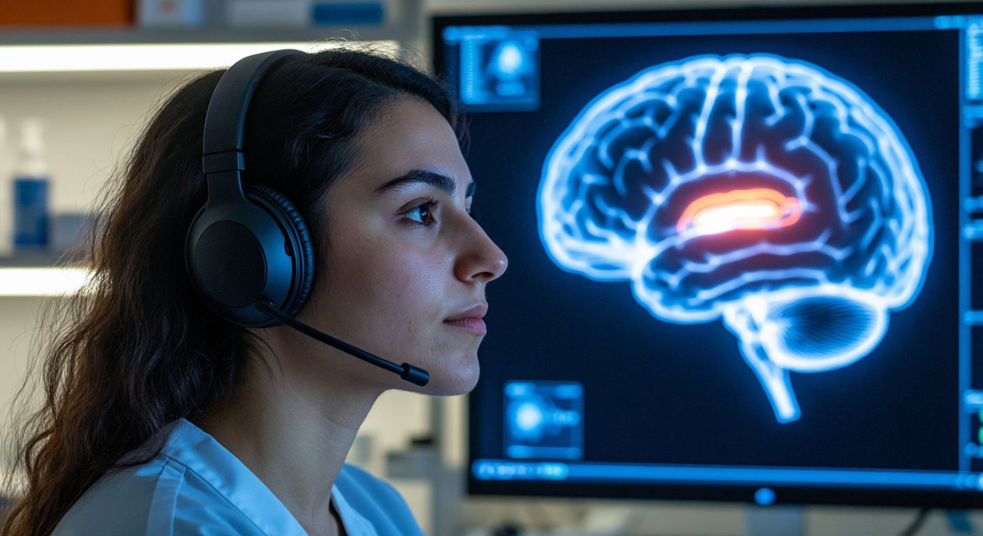 A focused Turkish researcher in a quiet lab setting, wearing headphones with one ear slightly tilted forward, while a brain scan projection behind them highlights the left hemisphere in soft blue light.