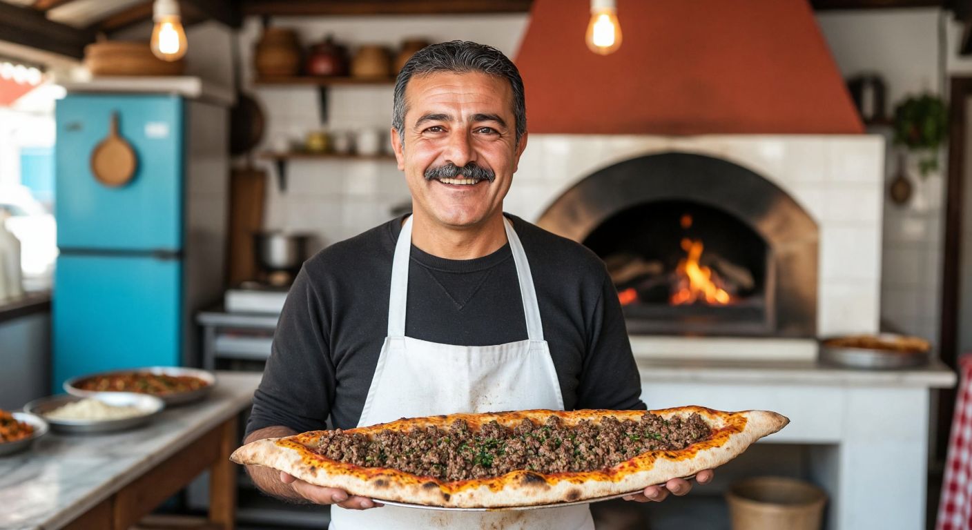 A smiling middle-aged Turkish man with a mustache, wearing a white apron, stands proudly in front of a traditional pide oven in a bustling small-town eatery, holding a freshly baked pide topped with minced meat and herbs.