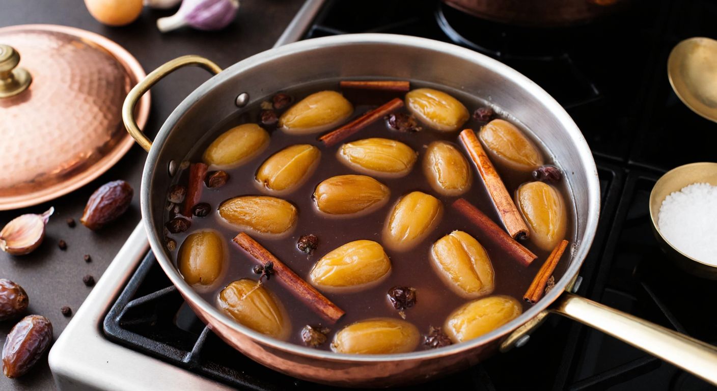 A warm Turkish kitchen with a copper pot simmering on a stove, filled with golden-brown dates, cinnamon sticks, ginger slices, and cloves in bubbling water, surrounded by scattered ingredients and a wooden spoon resting nearby.