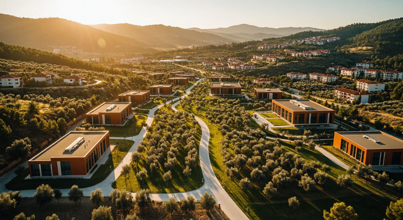 A sunlit aerial view of Aydın Adnan Menderes University's sprawling campuses, with distinct clusters of modern academic buildings nestled among olive groves and rolling hills, connected by tree-lined pathways.
