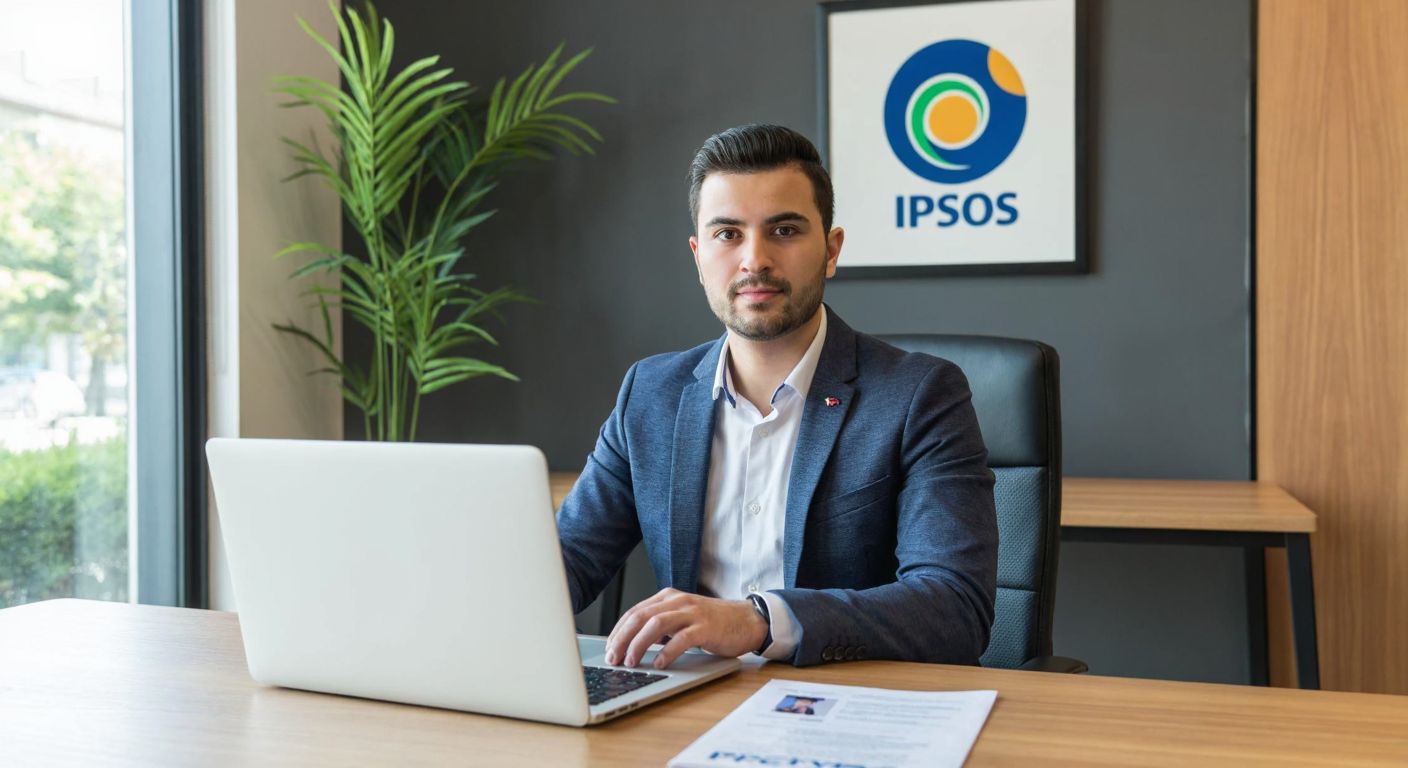 A young professional in a neat blazer sits at a wooden desk in a modern Turkish office, confidently typing on a laptop with a printed CV beside them, while a framed Ipsos logo hangs on the wall.