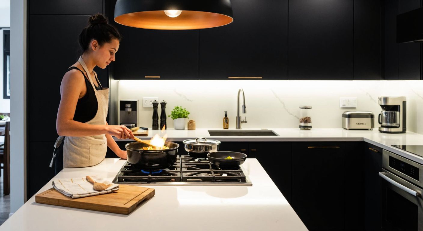 A well-lit Turkish kitchen with a gleaming quartz countertop, where a woman in an apron carefully places a hot pot on a wooden trivet while a cutting board rests nearby, conveying durability and care.