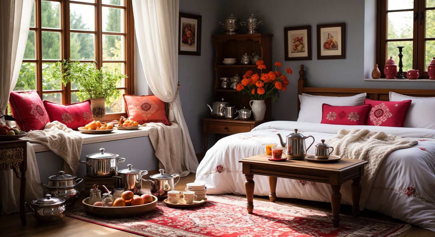 A vibrant Turkish home scene with neatly arranged kitchenware (pots, pans, and tea sets), fluffy towels in the bathroom, a carefully made bed with embroidered linens, and a cozy living room set with a wooden coffee table.