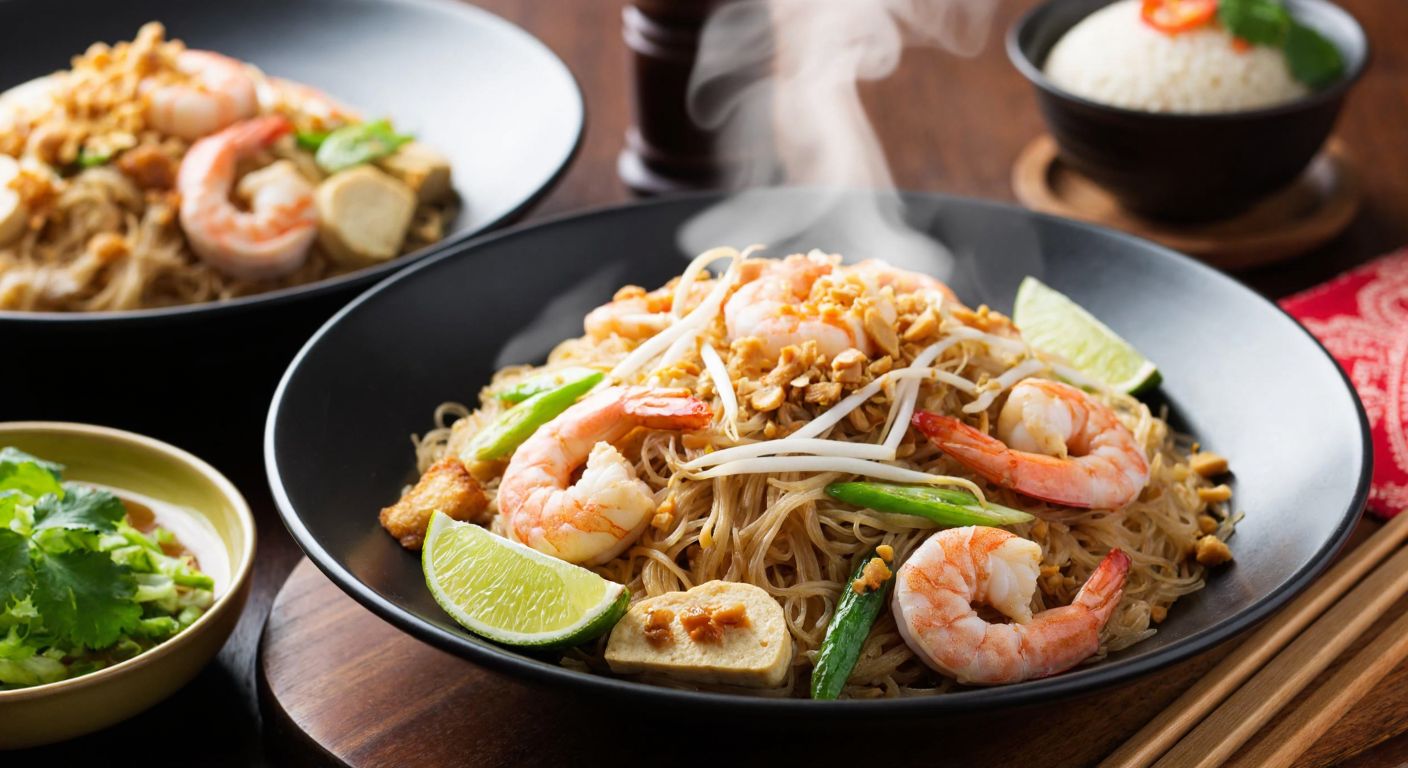 A steaming plate of stir-fried rice noodles with shrimp, tofu, and bean sprouts, garnished with lime wedges and crushed peanuts, set on a wooden table with Thai ceramic dishes in the background.