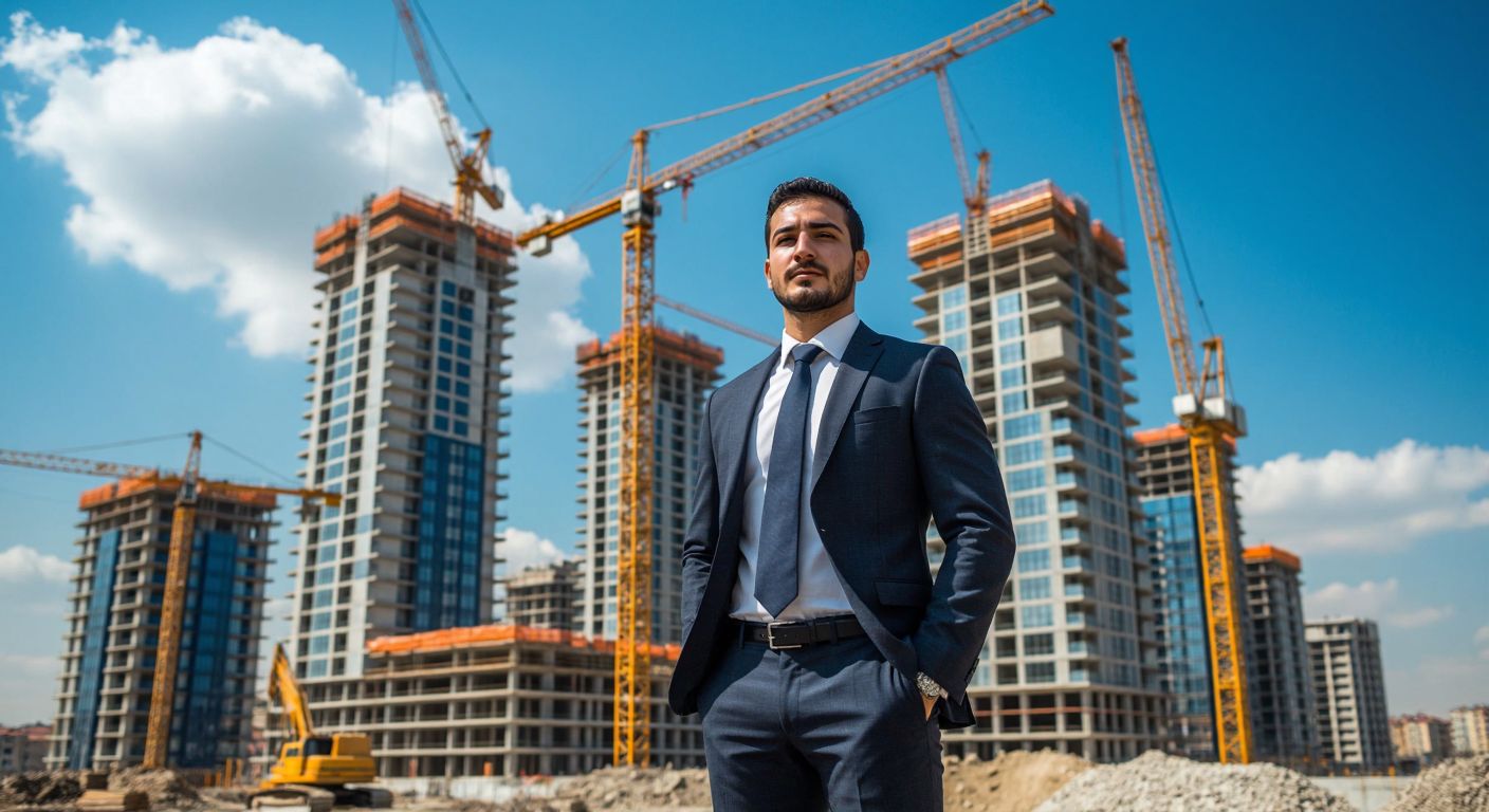 A confident Turkish businessman in a sleek suit stands proudly in front of a modern construction site, with cranes and half-built skyscrapers under a bright blue sky, symbolizing growth and enterprise.