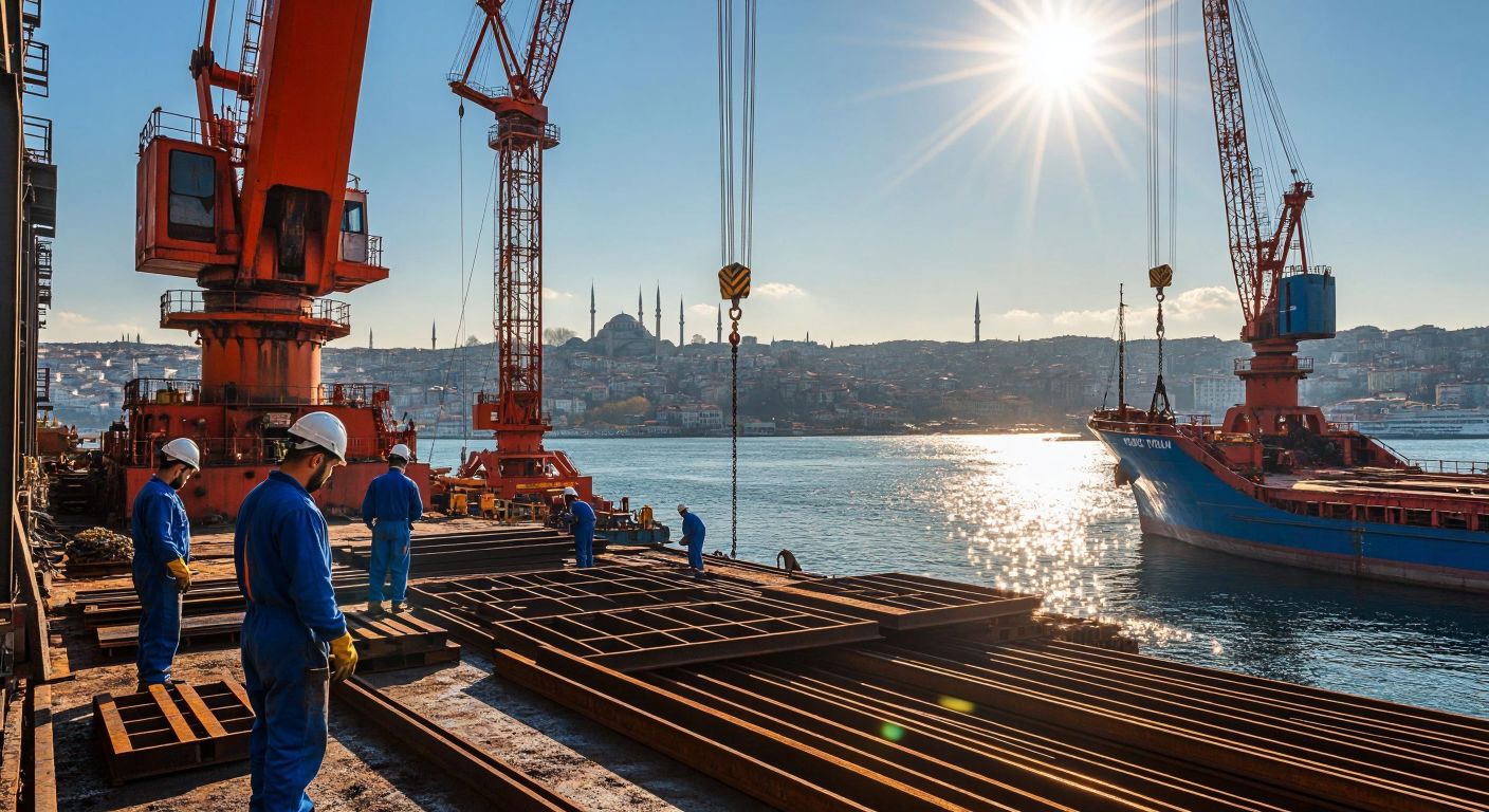 A bustling shipyard in Istanbul with workers in blue overalls welding steel, cranes lifting ship parts, and the Bosphorus shimmering in the background under a bright sun.