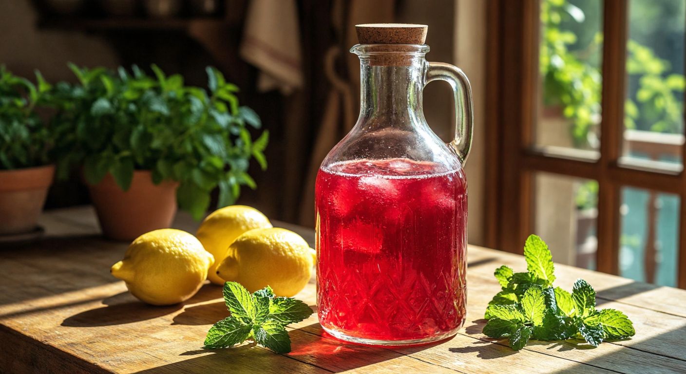 A clear glass demijohn filled with vibrant red şerbet sits on a sunlit wooden table in a Turkish kitchen, surrounded by fresh lemons and mint leaves.