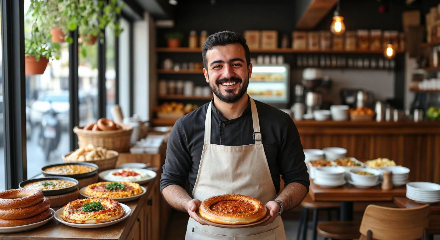A cheerful Turkish man with a warm smile, wearing an apron, stands proudly in a cozy café filled with plates of traditional Turkish breakfast dishes like menemen and simit.