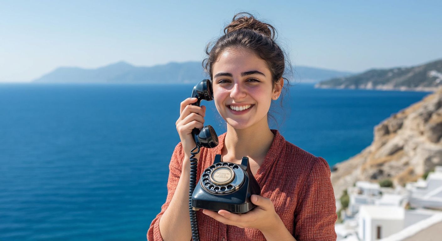 A person in Greece holding an old rotary phone against a backdrop of the Aegean Sea, with a warm expression as they dial a number to connect with Turkey.