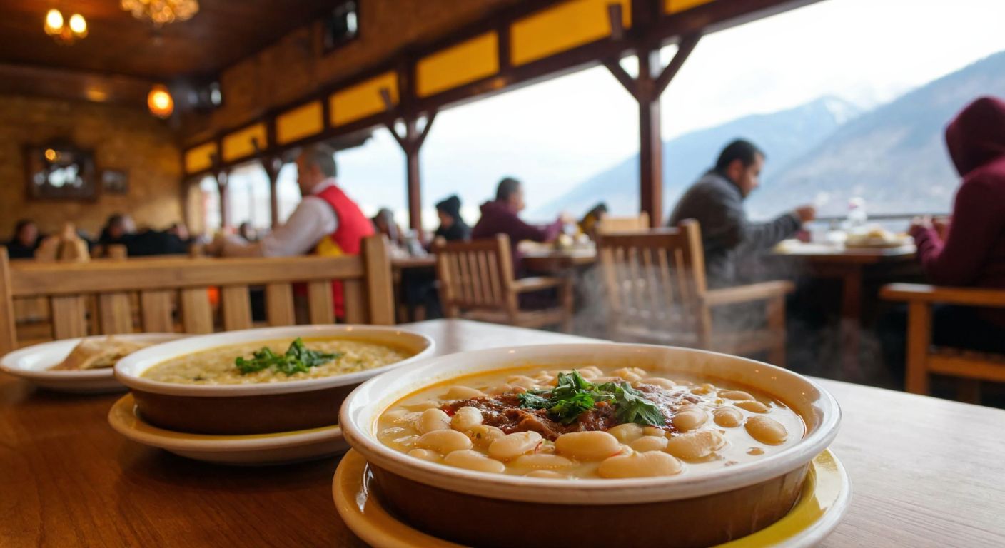 A cozy, traditional Turkish lokanta in Rize's Çayeli district, with steaming bowls of creamy white bean stew served on wooden tables, surrounded by warm lighting and locals enjoying the dish.