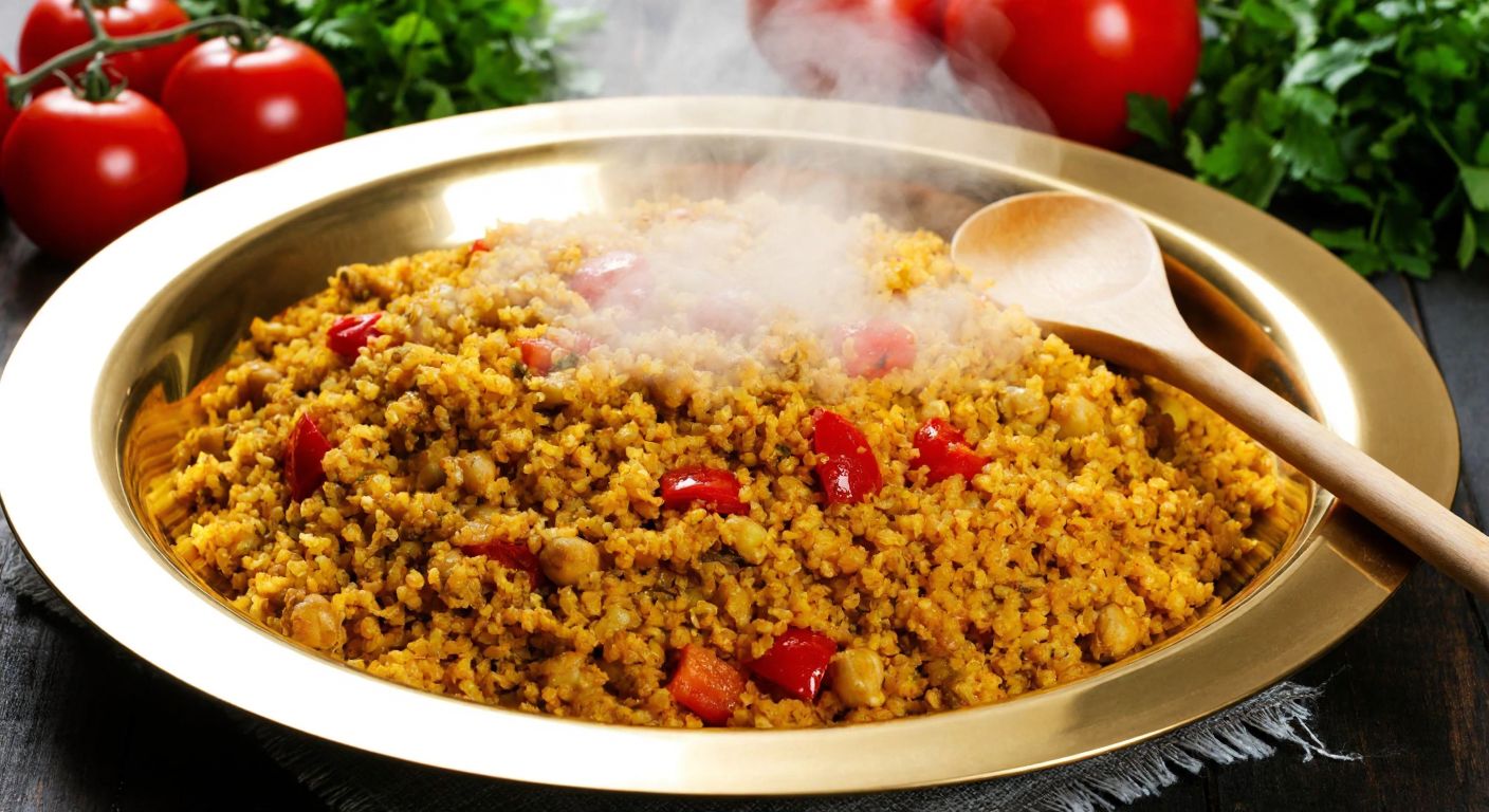A steaming golden plate of bulgur pilaf with a wooden spoon resting on top, surrounded by fresh vegetables like tomatoes and parsley, evoking a warm, home-cooked Turkish meal.