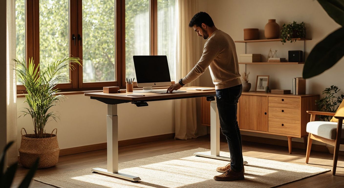 A modern adjustable-height desk in a Turkish home office, with a person effortlessly raising its surface using an electric button, surrounded by warm wooden furniture and soft natural light.