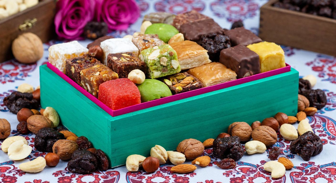 A colorful wooden box overflowing with assorted Turkish sweets like lokum, baklava, and çikolata, surrounded by scattered nuts and dried fruits on a patterned tablecloth.