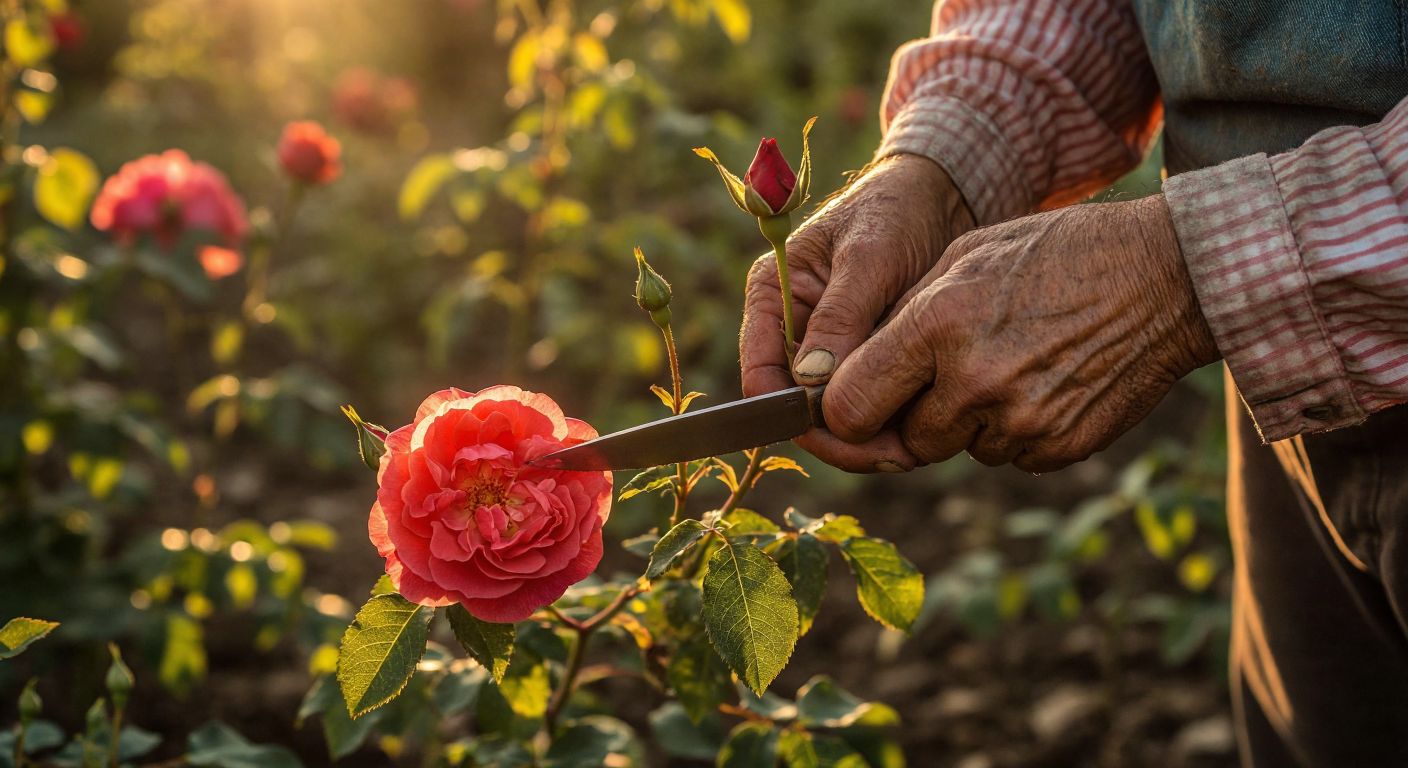 A weathered Turkish gardener’s hands carefully hold a sharp grafting knife with a double-edged blade, poised to make a precise cut on a vibrant rose stem in a sunlit garden.