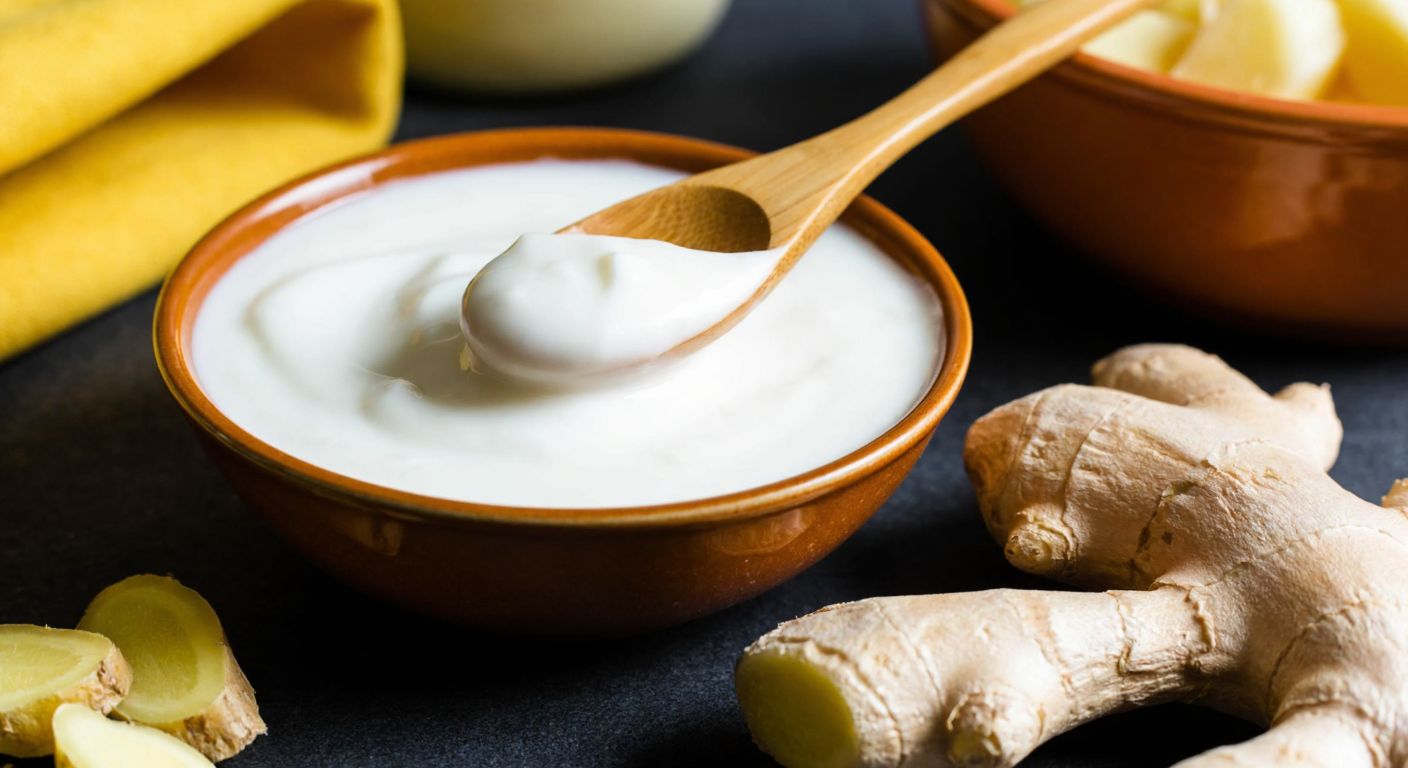 A wooden spoon swirls creamy yogurt in a rustic Turkish ceramic bowl, with freshly grated ginger and a drizzle of golden honey beside it, evoking warmth and wellness.
