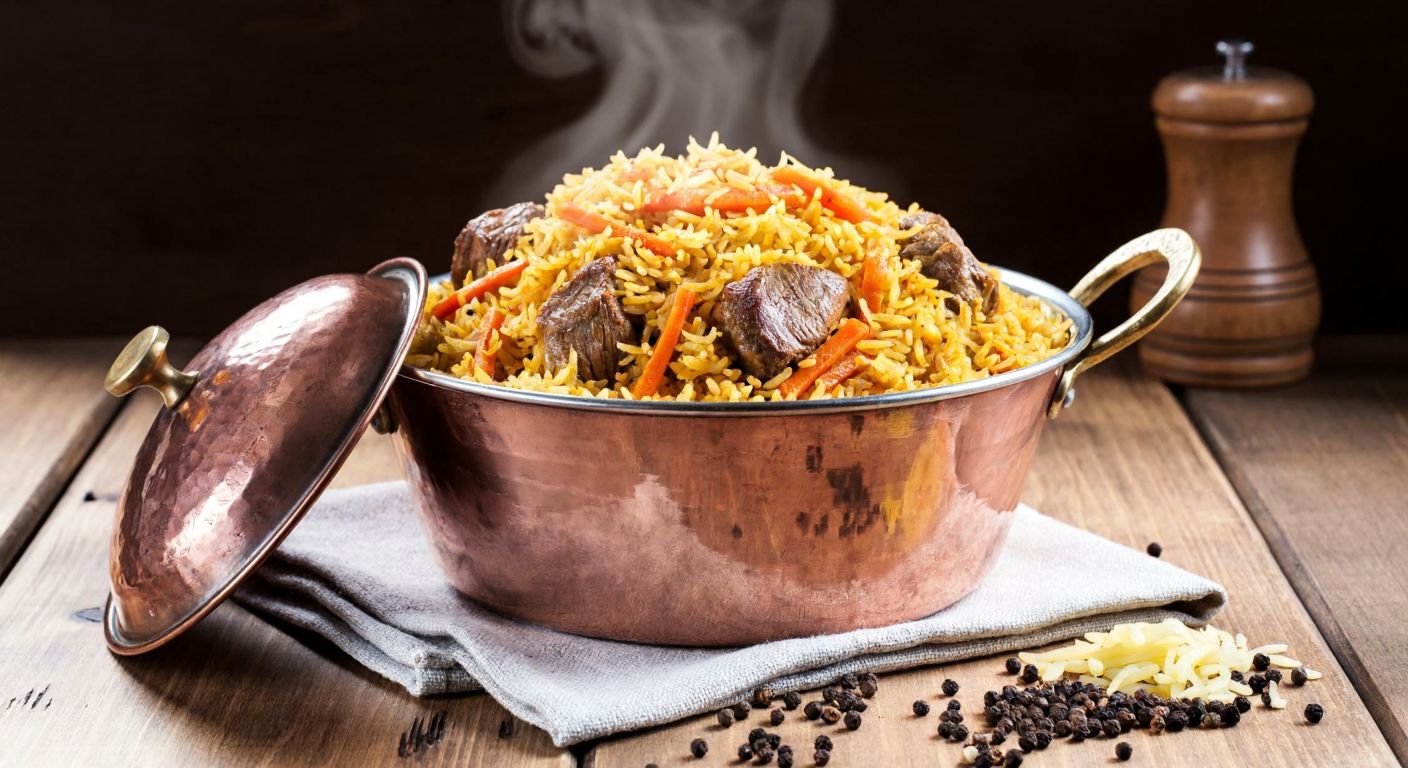 A steaming copper pot of Uzbek pilaf with tender meat, julienned carrots, and golden rice, resting on a wooden table beside scattered cumin and black pepper, evoking warmth and rich aroma.