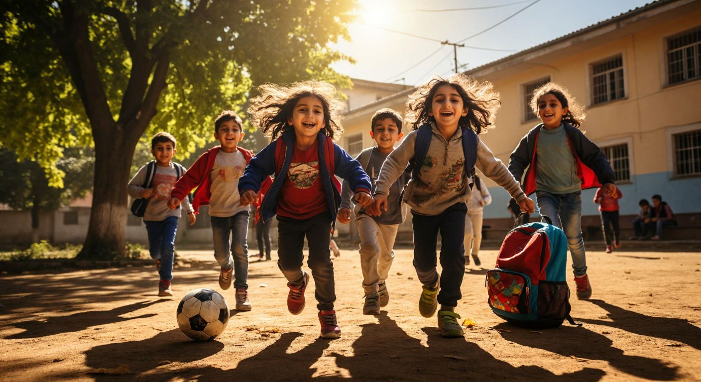 A group of cheerful Turkish children playing in a sunlit schoolyard during a break, with a colorful backpack and a soccer ball nearby.