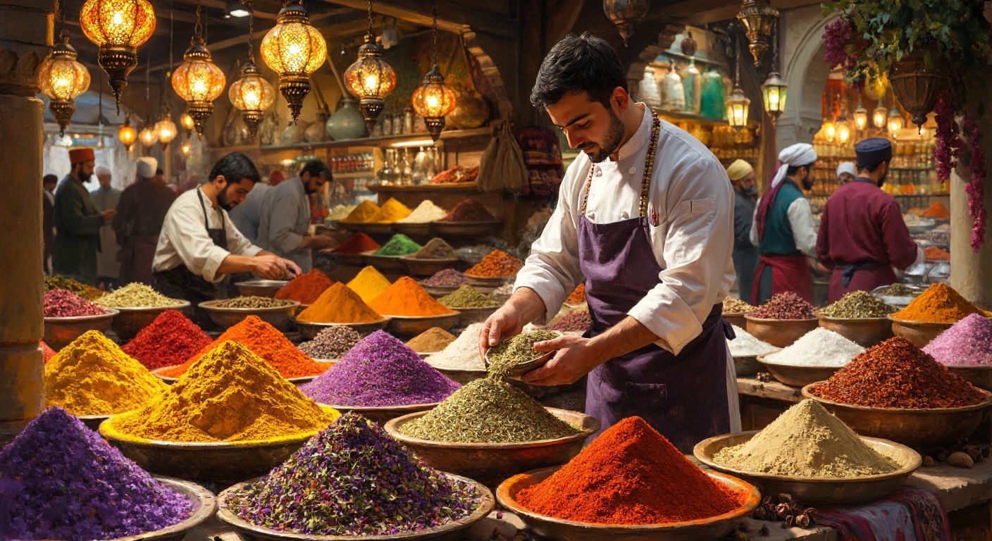 A vibrant Turkish marketplace scene with colorful piles of spices, a chef sprinkling them into a dish, a healer preparing herbal medicine, and a noblewoman adorned with pearls and ivory jewelry, all under the warm glow of lanterns.