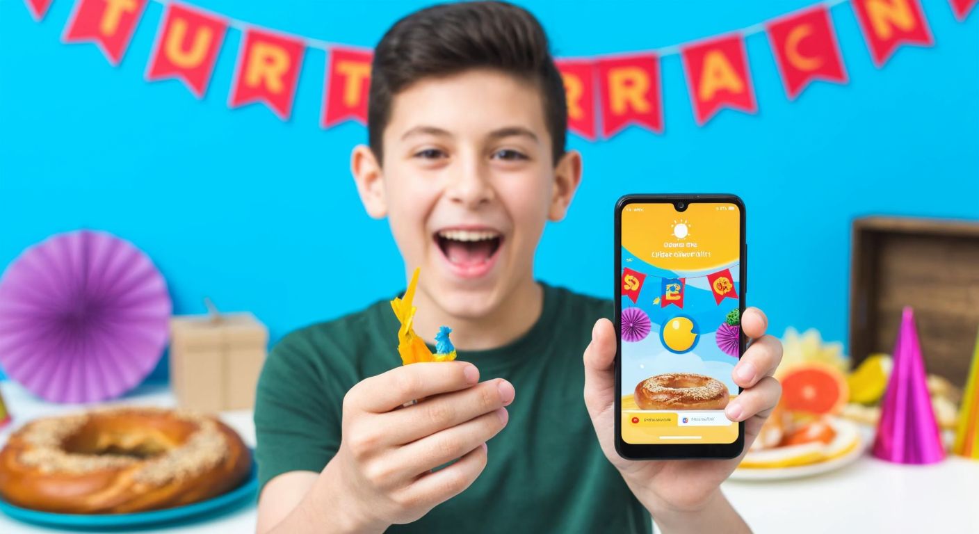 A young person in Turkey excitedly holds up a smartphone with a colorful festival-themed Turkcell promotion displayed on the screen, surrounded by festival decorations and a traditional Turkish simit on a nearby table.