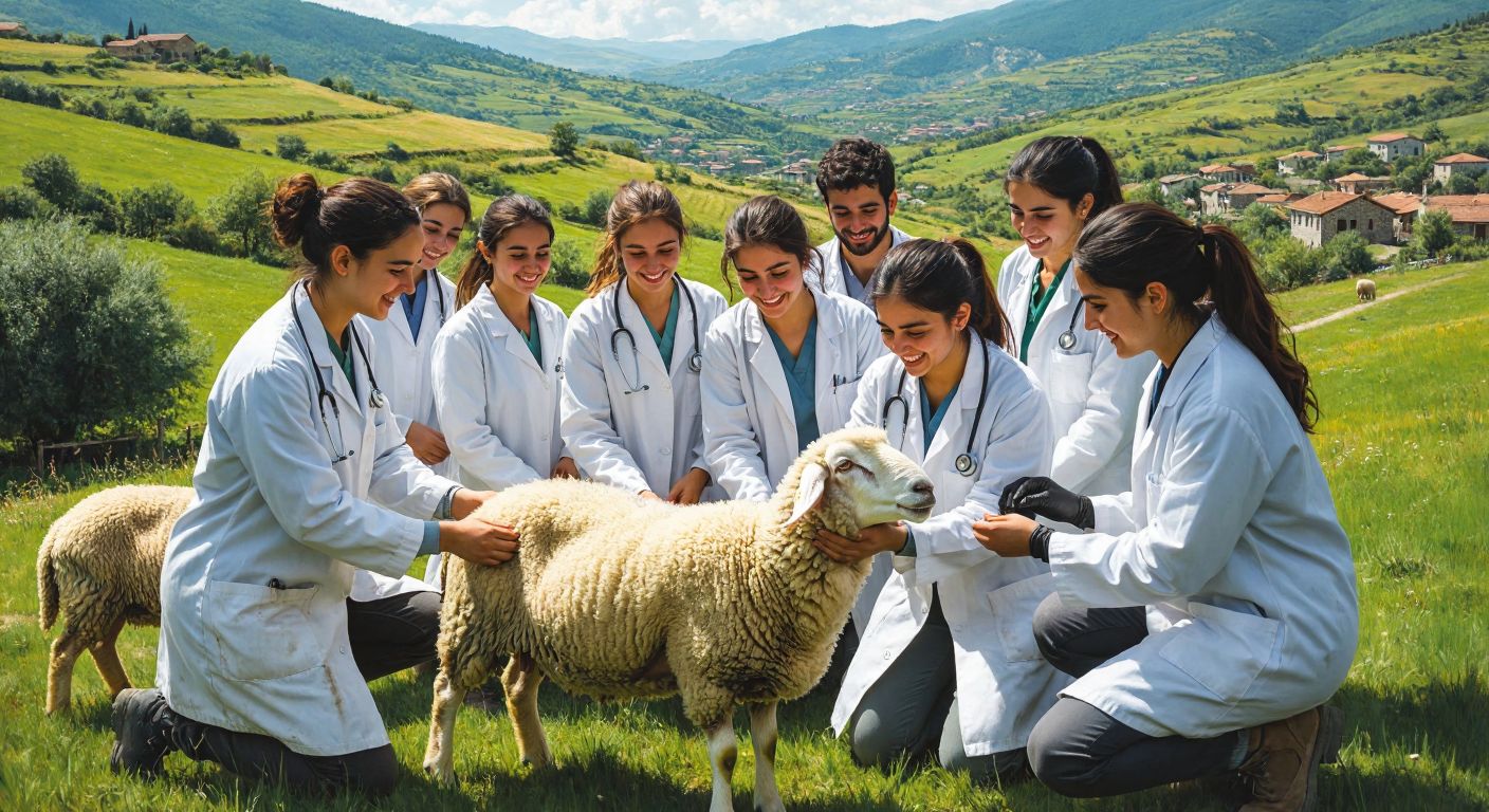 A diverse group of young veterinary students in white lab coats smiling while gently examining a healthy sheep in a sunlit rural Turkish field, with rolling green hills and a small village in the background.