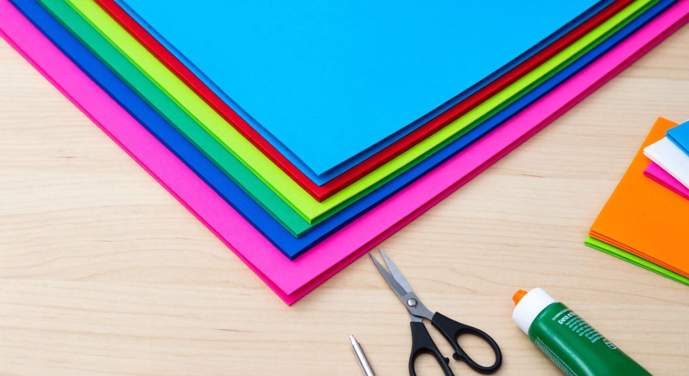 A neatly stacked pile of ten colorful A4-sized sticky Eva sheets on a wooden craft table in a Turkish classroom, with a pair of scissors and a glue stick nearby.