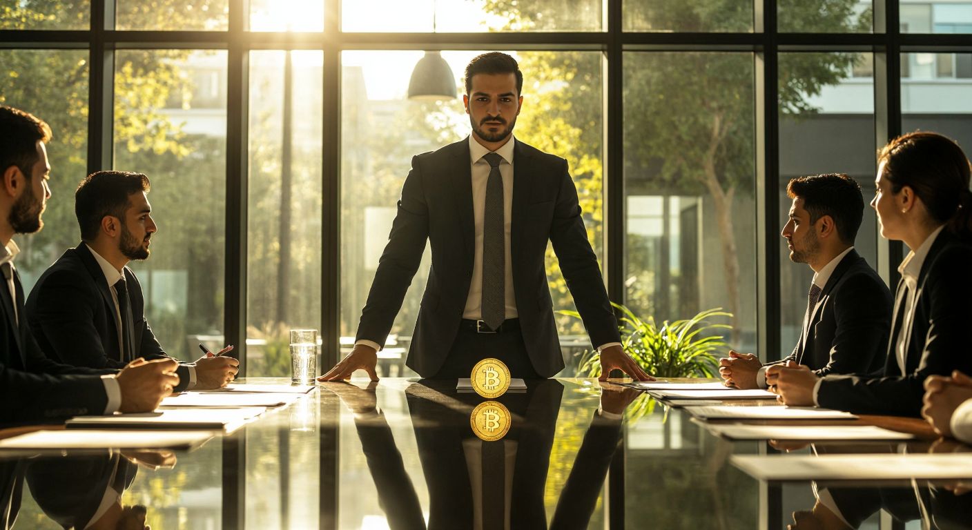 A confident Turkish businessman in a sleek suit stands at the head of a polished boardroom table, holding a golden coin while diverse shareholders around him nod approvingly, with sunlight streaming through large windows onto financial documents.