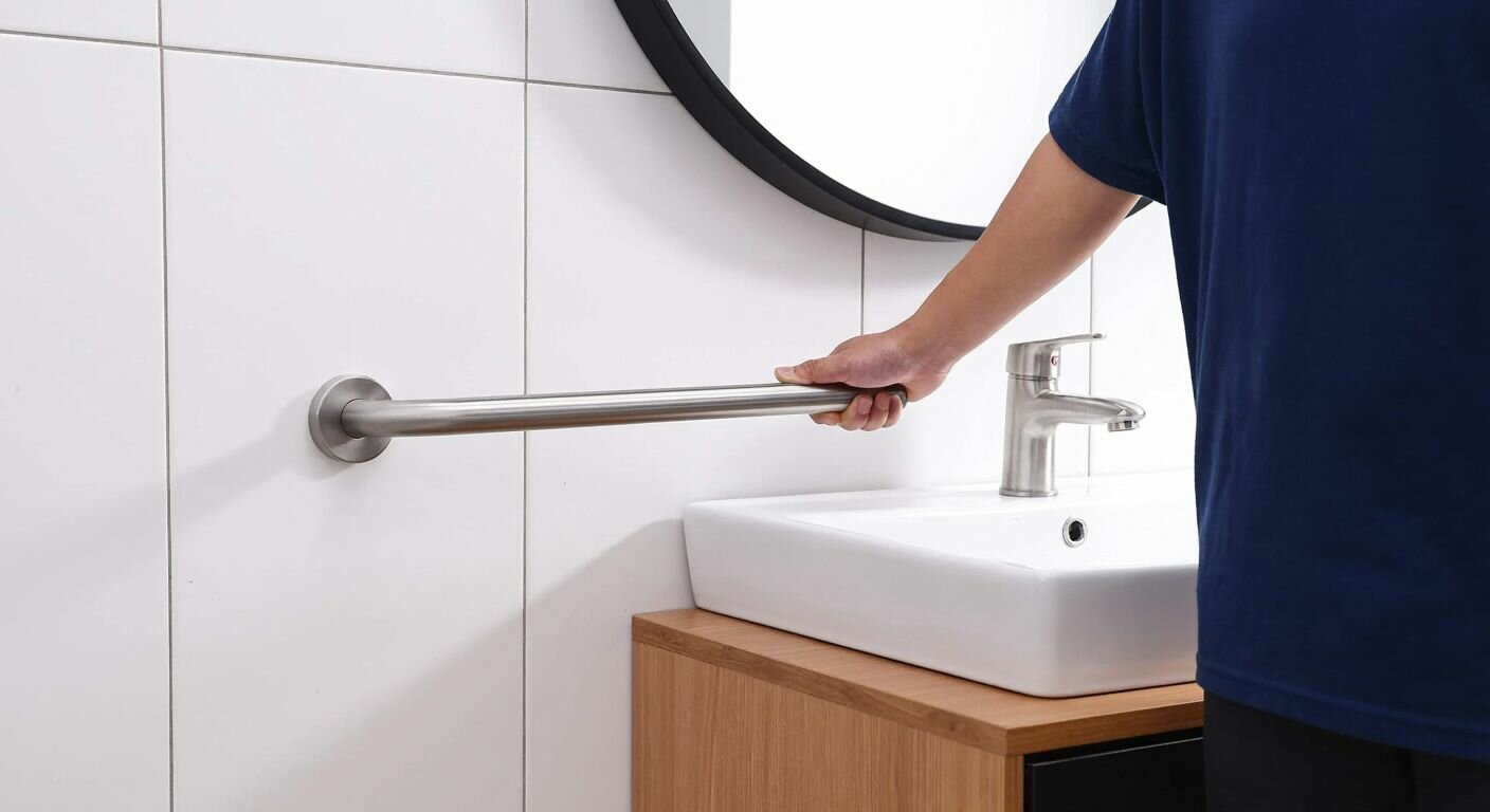 A sturdy metal grab bar mounted on a white-tiled bathroom wall near a modern Turkish-style sink, with a person’s hand gripping it for support.