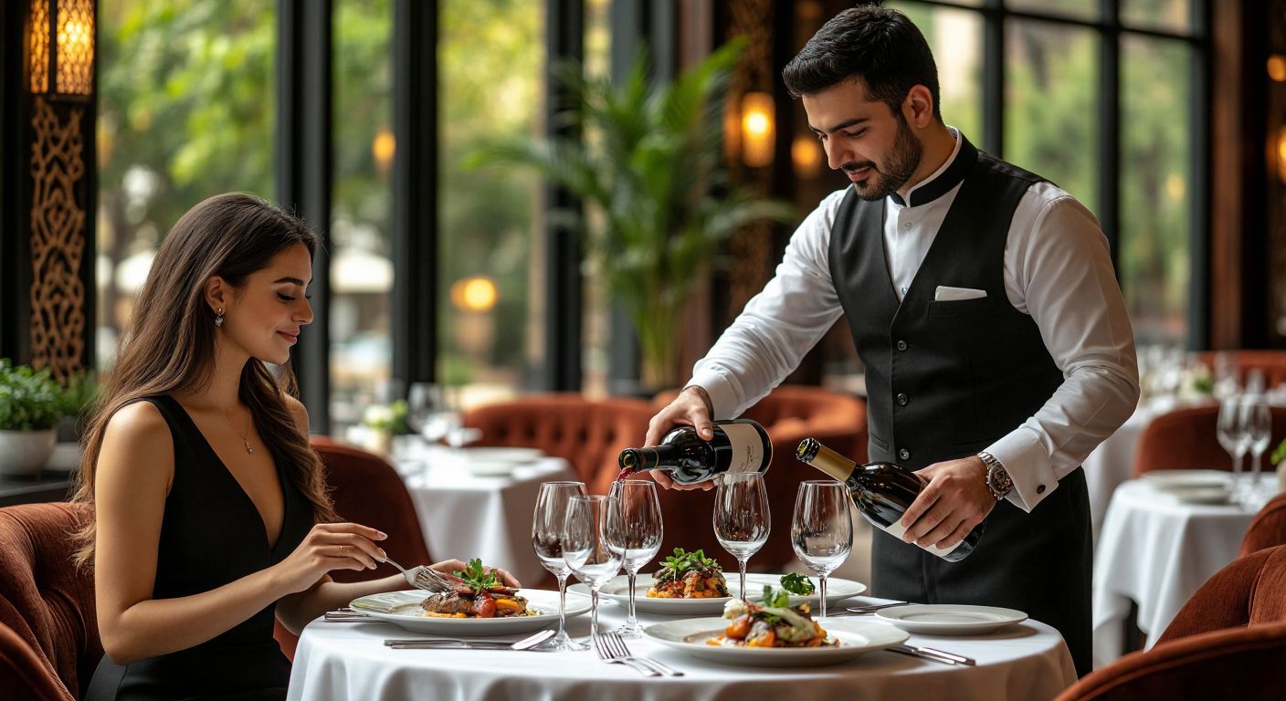 A well-dressed couple sits at an elegantly set table in a softly lit, upscale Turkish restaurant, savoring meticulously plated dishes with intricate garnishes while a waiter in a crisp uniform pours wine from a sleek decanter.