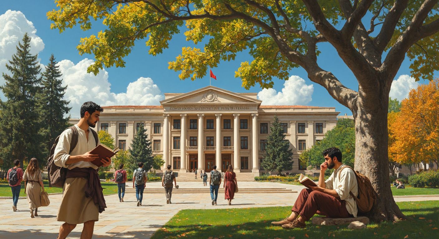 A grand university building in Ankara with students carrying books, an archaeologist holding a pottery shard, a linguist studying ancient scripts, and a philosopher deep in thought under a tree.