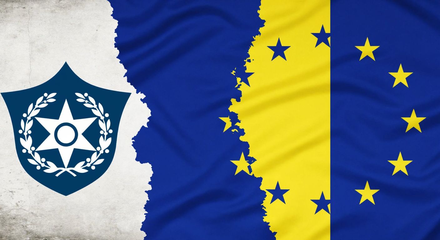 A split-image with a faded historical European military alliance emblem on the left and a vibrant modern EU flag on the right, separated by a dissolving boundary.