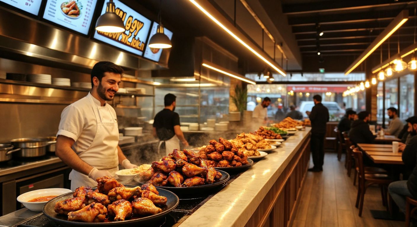 A bustling Turkish restaurant in Sancaktepe, Istanbul, with golden-brown chicken wings sizzling on a plate, a smiling chef in a white apron behind the counter, and customers chatting warmly at wooden tables under soft yellow lighting.