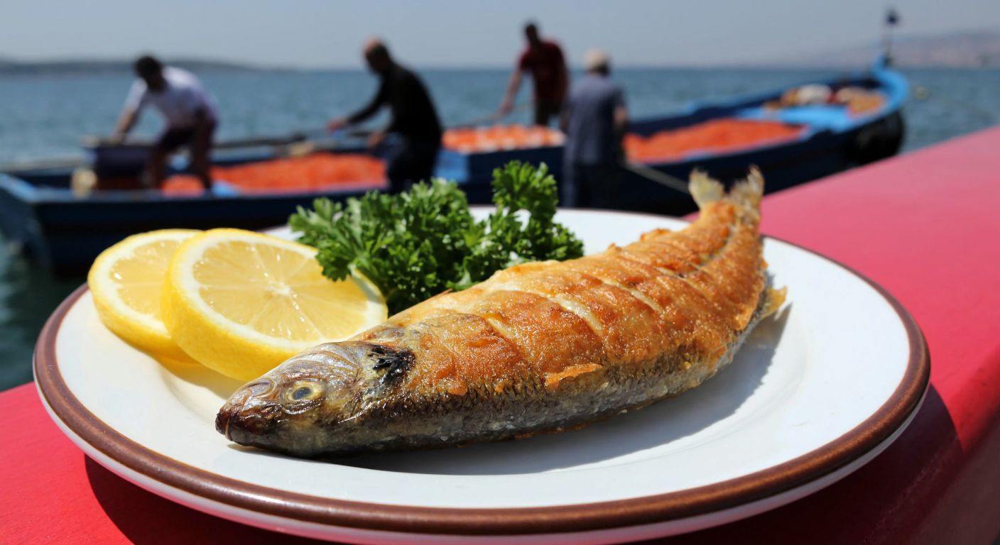 A golden-brown fried sprat fish on a rustic plate, garnished with lemon slices and fresh parsley, set against a backdrop of a bustling Turkish seaside market with fishermen unloading their catch.