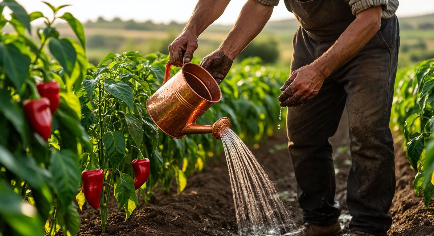 A Turkish farmer in a sunlit field carefully waters vibrant green pepper plants with a copper watering can, their hands covered in soil, while ripe red peppers glisten under droplets of water.