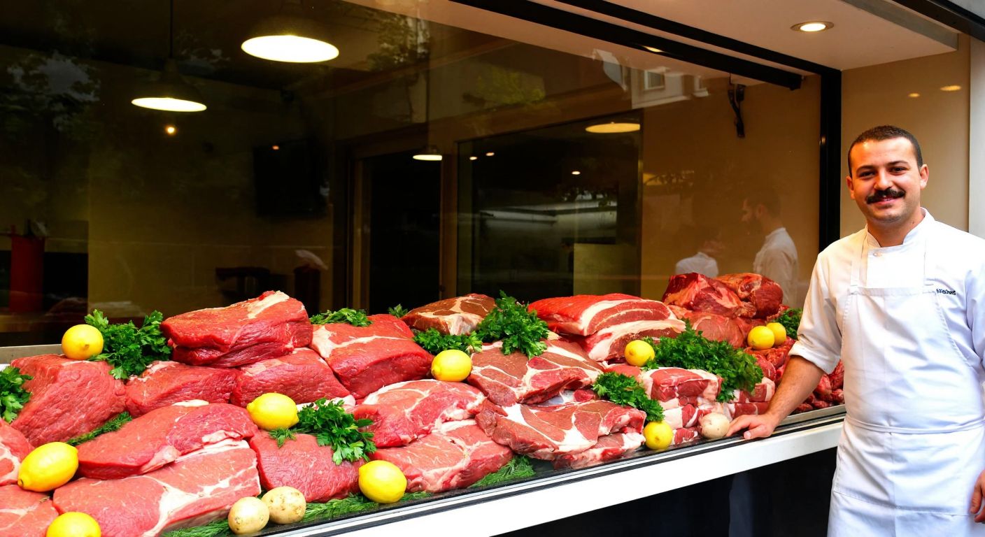 A vibrant Turkish butcher shop window displays neatly arranged cuts of fresh meat, garnished with parsley and lemons, under soft lighting that highlights their freshness, while a smiling butcher in a white apron stands proudly behind the glass.
