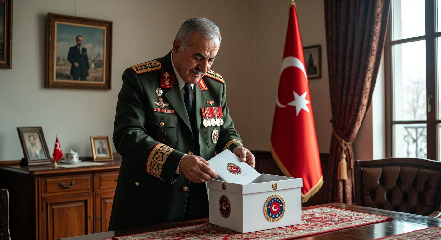 A proud elderly Turkish man in a traditional military-style jacket places a donation envelope into a collection box adorned with the TSKGV emblem, surrounded by a warm, patriotic atmosphere in a modest Ankara office.