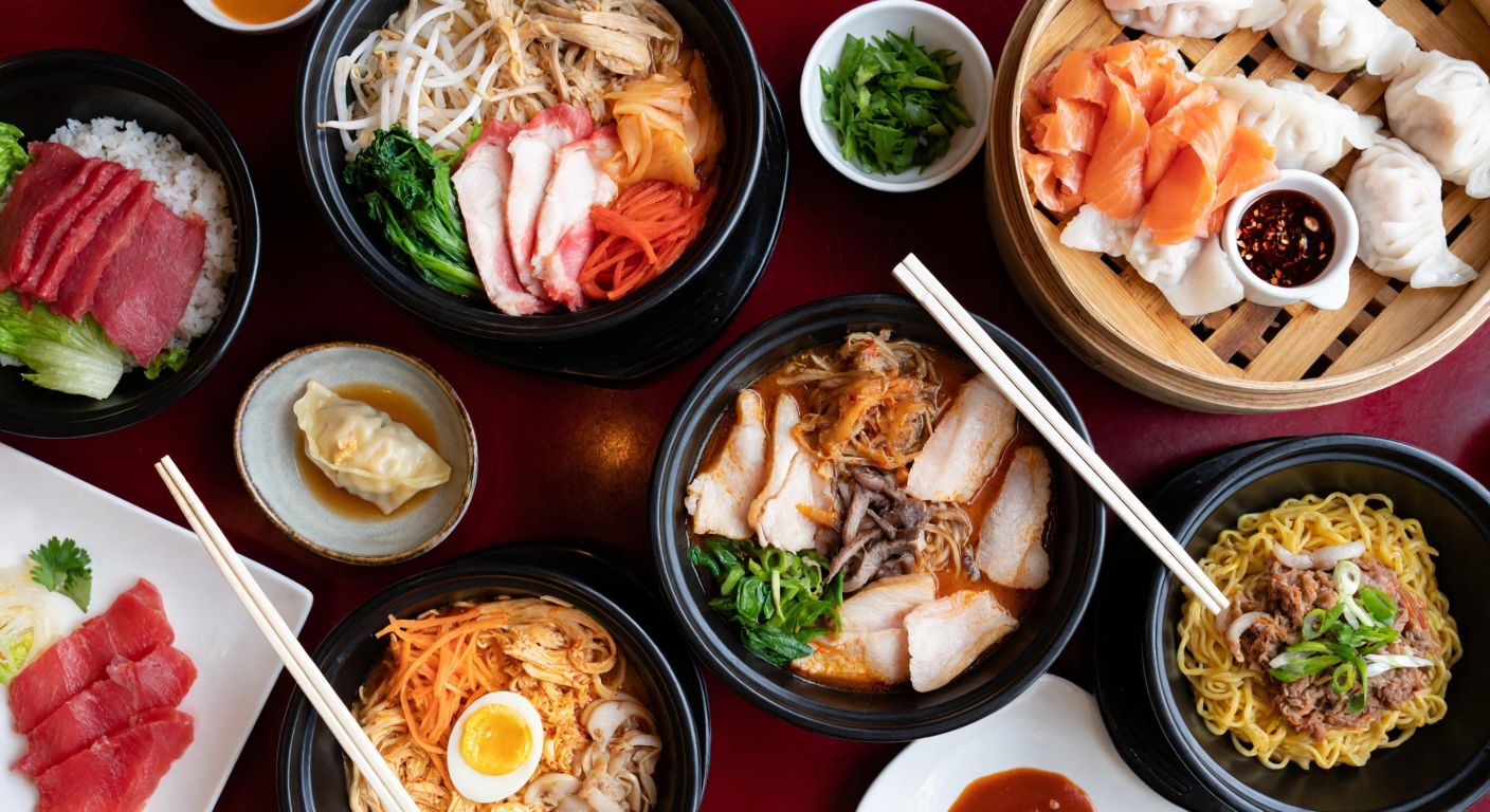 A vibrant table spread with steaming bowls of ramen, colorful bibimbap, delicate dumplings, fresh sashimi slices, and a golden Peking duck, surrounded by chopsticks and Asian spices, evoking the rich flavors of diverse Asian cuisines.