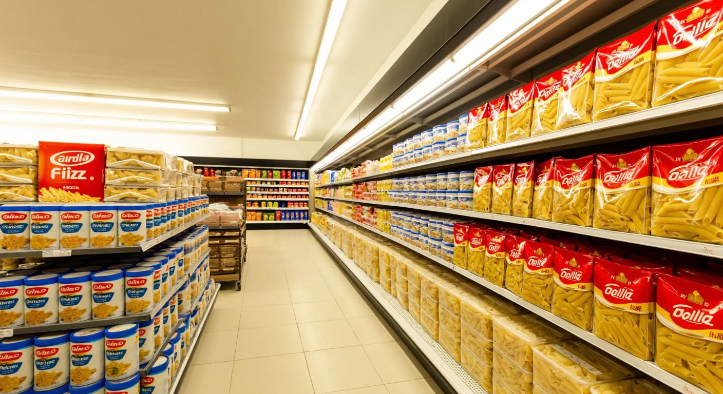 A bright, neatly organized supermarket shelf in Turkey, stacked with large 500g packages of pasta from brands like Cardella, Filiz, and Barilla, under warm fluorescent lighting.