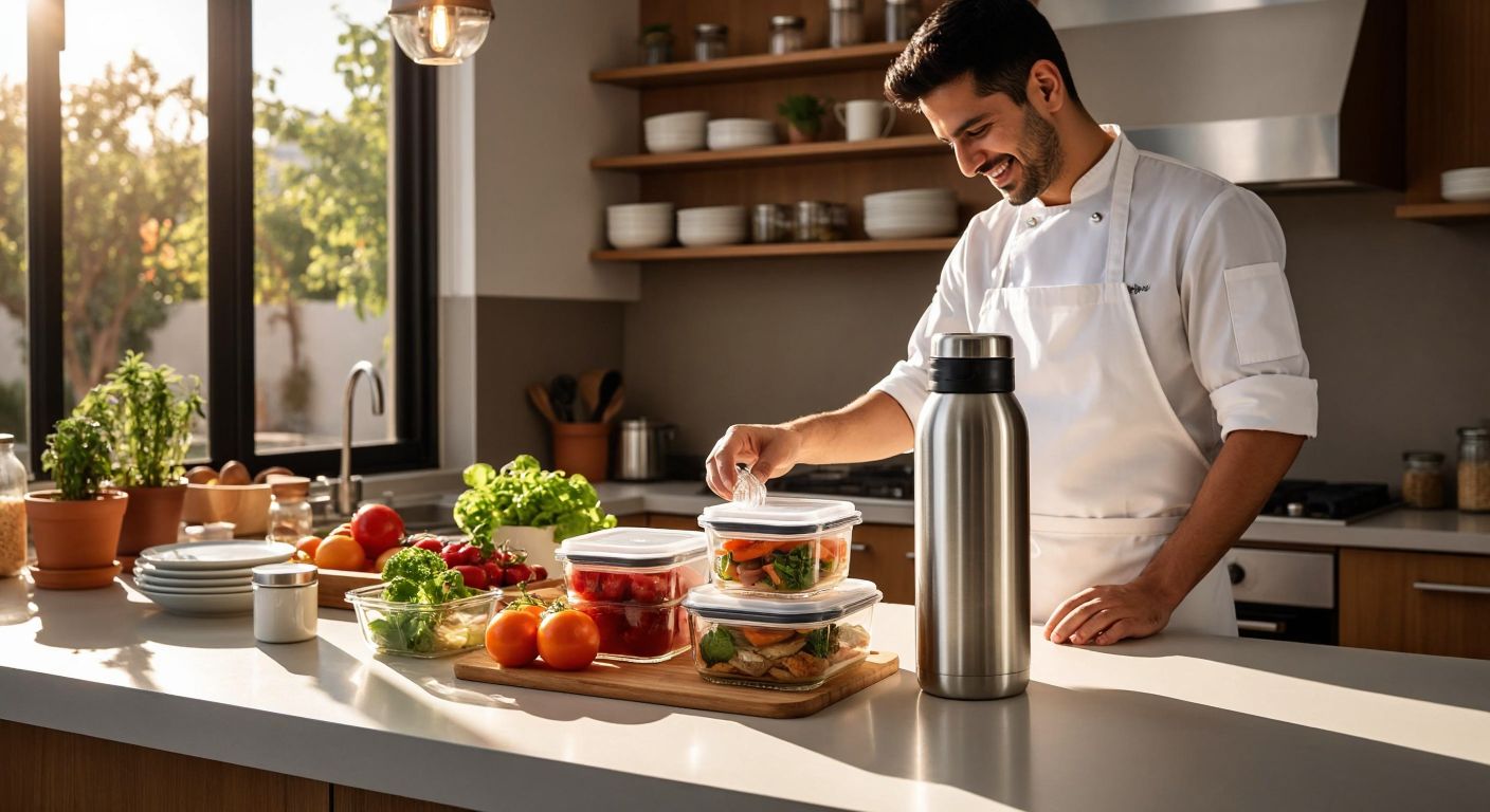 A gleaming stainless steel Penguen-branded thermos sits beside a stack of durable glass food containers on a sunlit kitchen counter in Turkey, with a smiling chef in a crisp white apron inspecting them approvingly.
