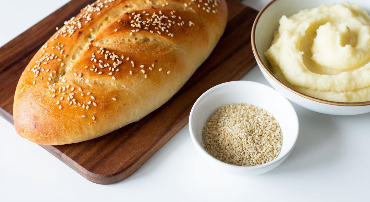 A warm, golden-brown loaf of potato bread topped with toasted sesame seeds, resting on a wooden cutting board beside a bowl of creamy mashed potatoes and a small dish of sesame seeds, evoking a cozy Turkish kitchen.