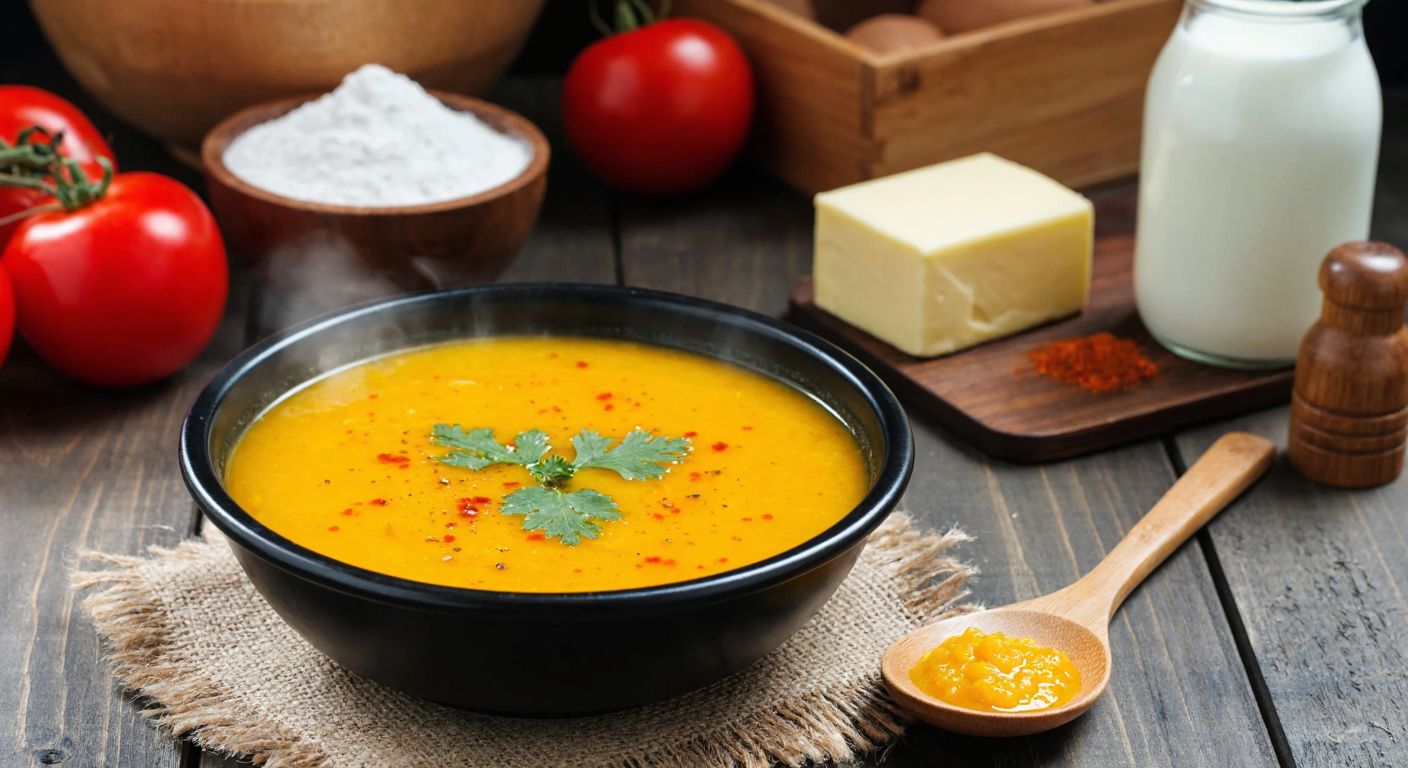 A warm, steaming bowl of saffron-hued *şafak çorbası* sits on a rustic wooden table, surrounded by fresh ingredients like tomatoes, butter, flour, and milk, with a wooden spoon resting beside it.