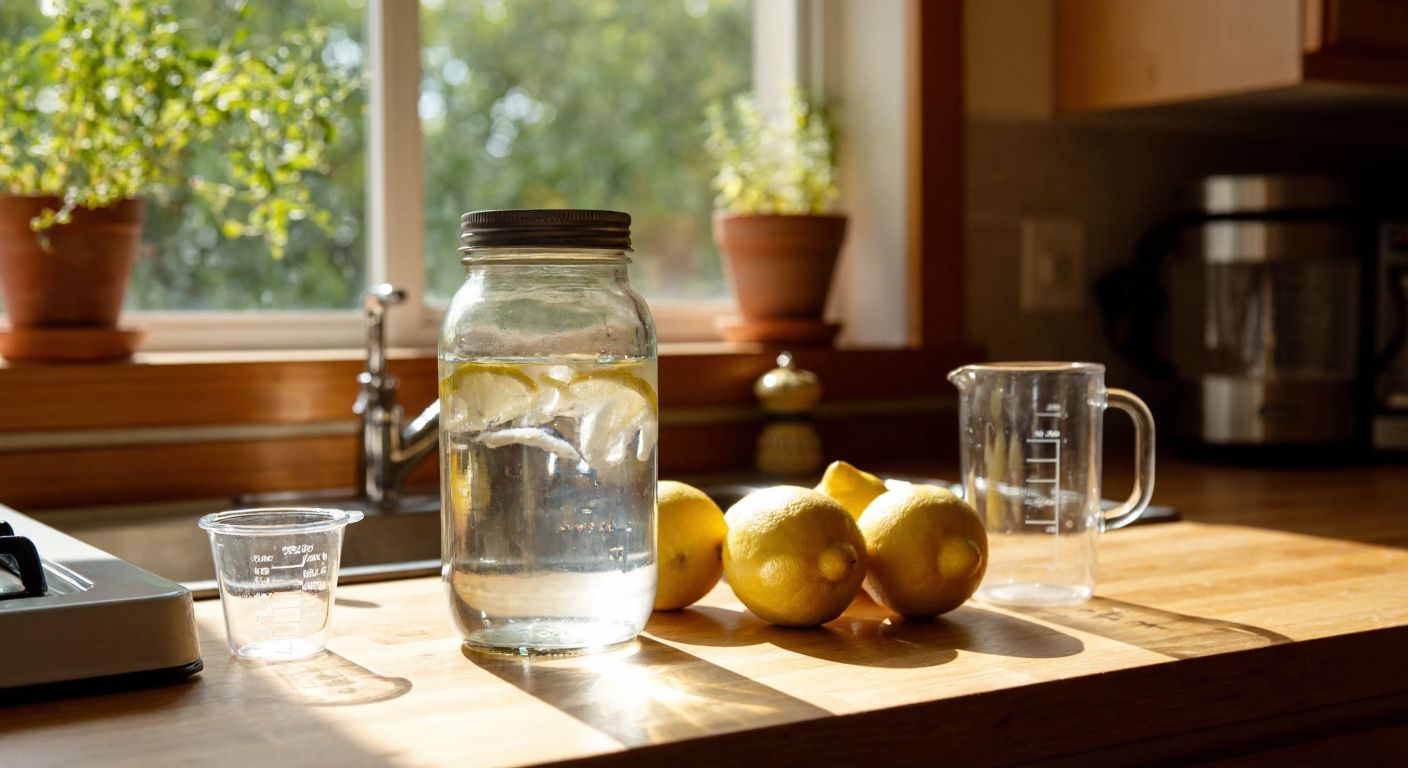 A clear glass jar filled with shimmering water sits on a wooden kitchen counter in a sunlit Turkish home, with a measuring cup and fresh lemons nearby.