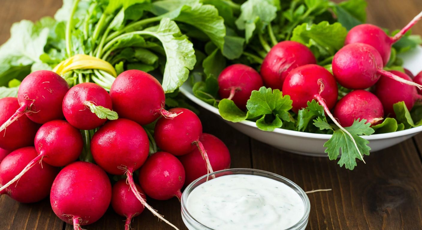 A vibrant pile of fresh red radishes with crisp green leaves, placed on a rustic wooden table beside a colorful salad and a small bowl of yogurt, evoking health and Turkish culinary tradition.