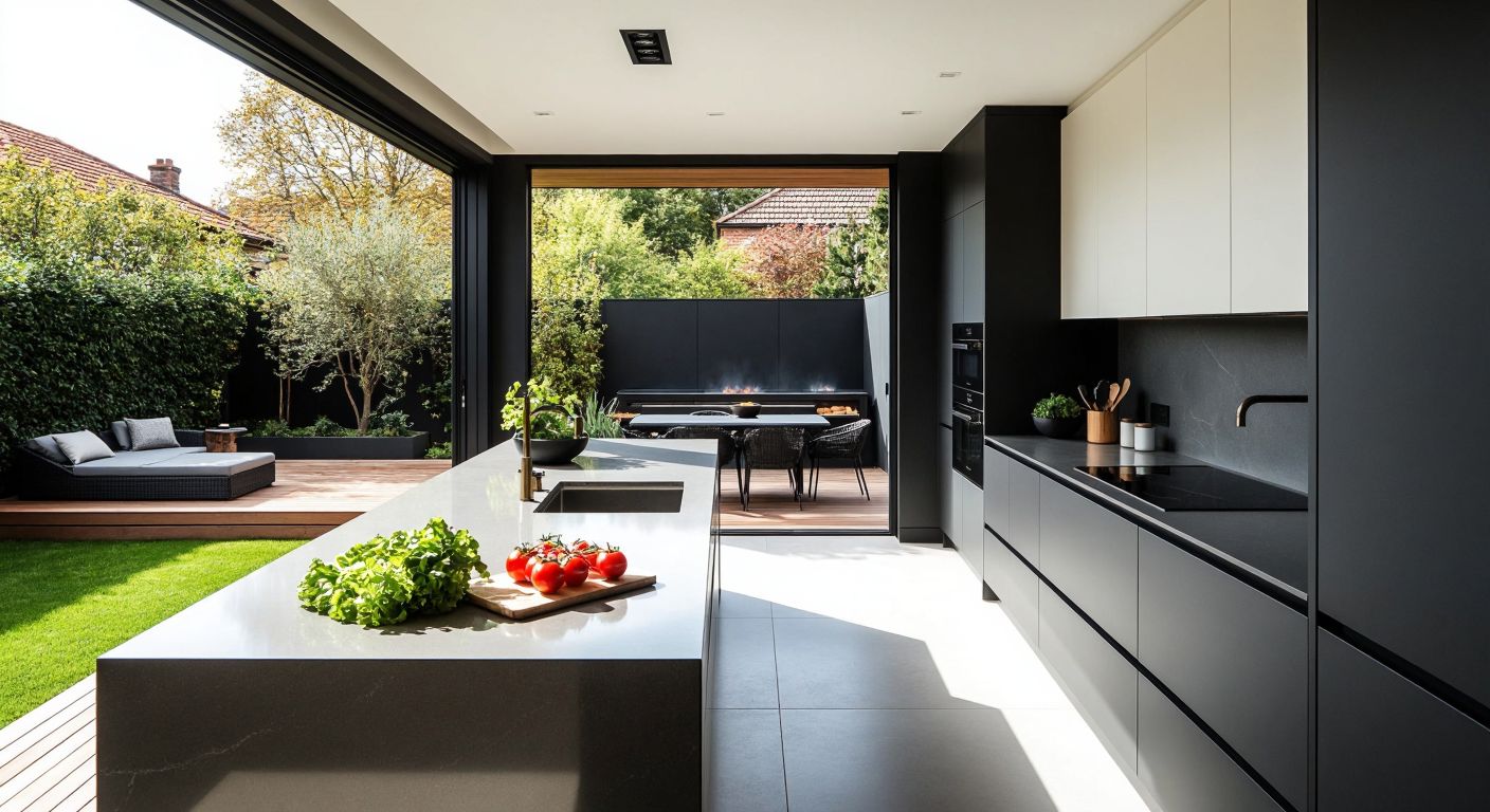 A sleek, modern kitchen with a glossy Dekton countertop holding fresh ingredients, next to a sunlit bathroom featuring a matching vanity and a stylish outdoor patio with a Dekton-clad barbecue area.