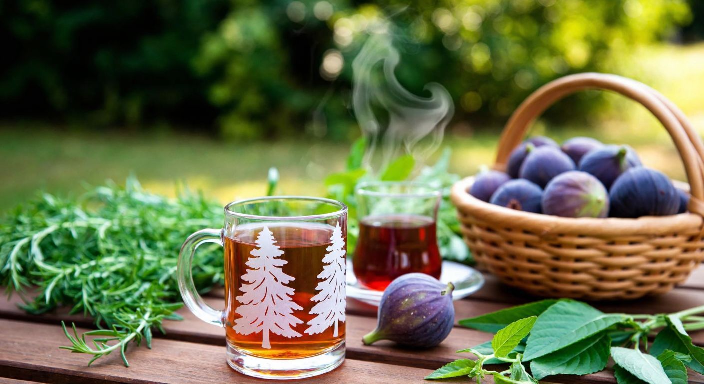 A clear glass cup with a pine tree motif rests on a wooden picnic table surrounded by fresh herbs, a steaming cup of Turkish tea, and a woven basket filled with figs, evoking a rustic outdoor gathering in Turkey.